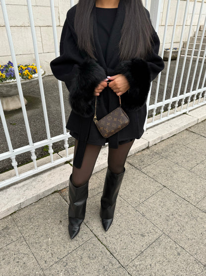 BLACK WOOL COAT WITH FUR